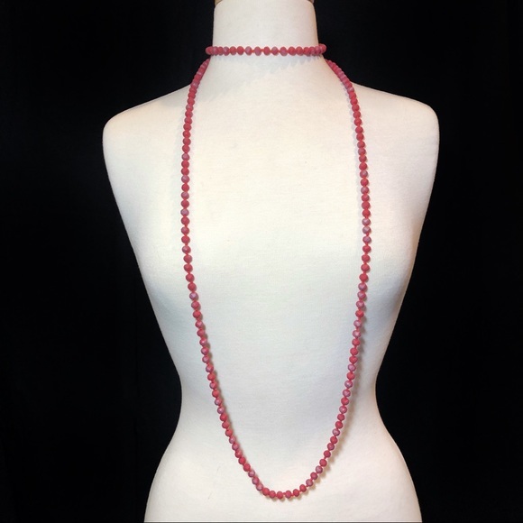 Super Long Red Glass Beaded Necklace Earrings Set - Picture 4 of 7